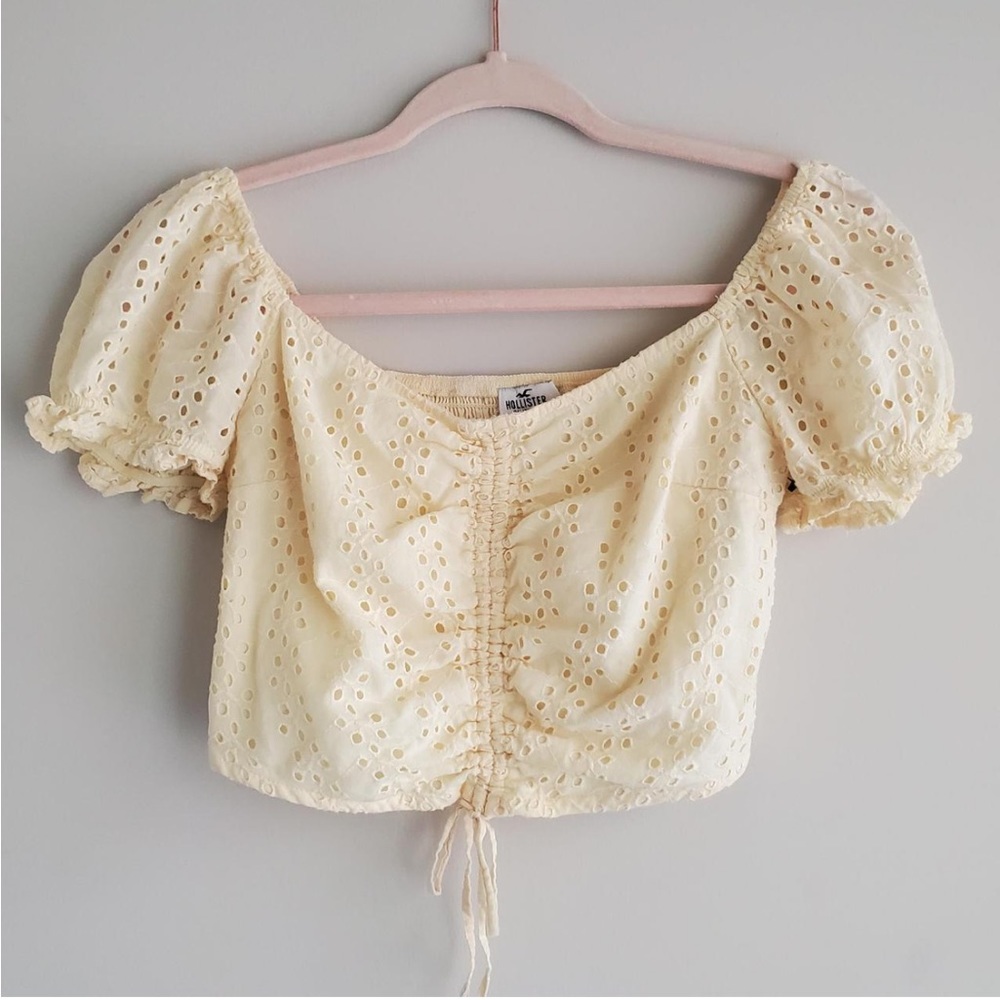 Hollister Cinch Front Lemon Yellow Puff Sleeve Eyelet Top